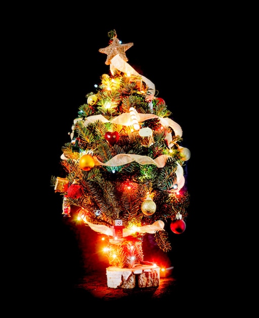 Pequeño árbol de Navidad de ramas de pino sobre un fondo negro