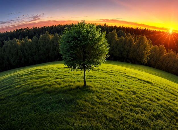 pequeño árbol panorámico que crece con el mundo verde del amanecer y el concepto del día de la tierra
