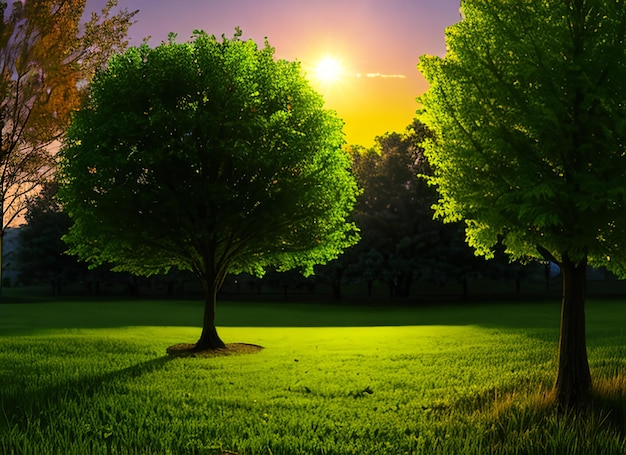 pequeño árbol panorámico que crece con el mundo verde del amanecer y el concepto del día de la tierra