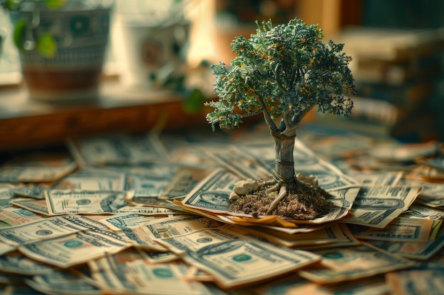 Pequeño árbol en una pila de dinero