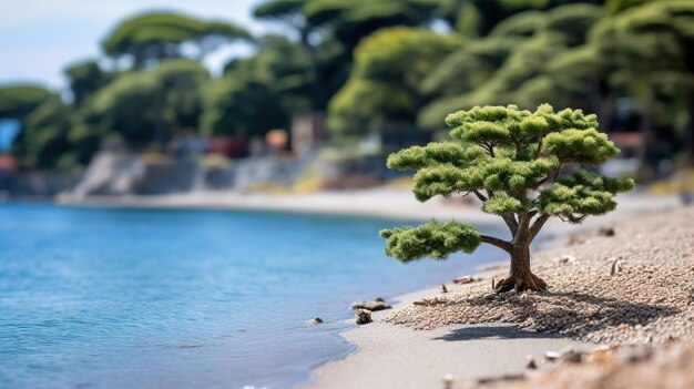 un pequeño árbol en la playa con una playa en el fondo