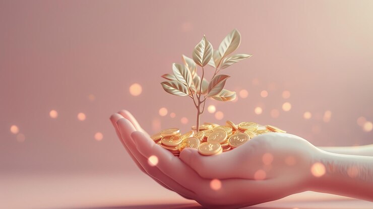 Un pequeño árbol que crece de monedas en las manos que simbolizan el crecimiento financiero y la inversión