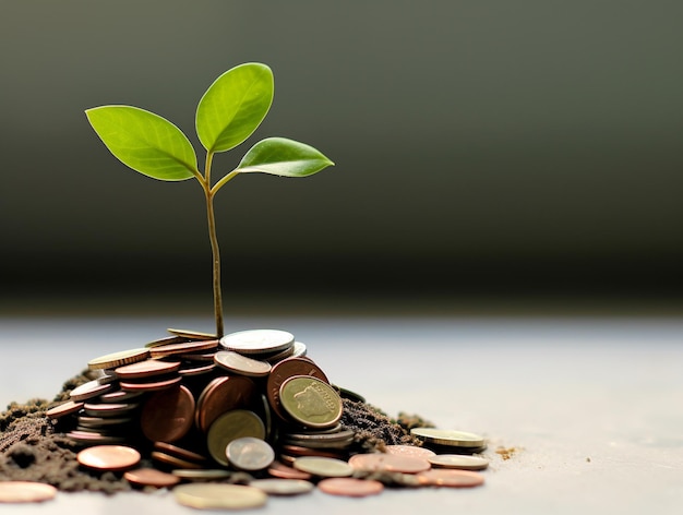 Un pequeño árbol que crece de una pila de monedas