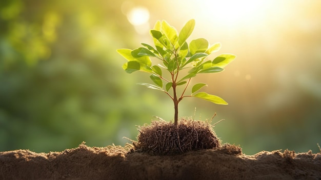 pequeño árbol que crece con sol en el jardín