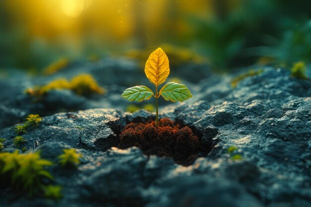 Foto un pequeño árbol que prospera en un terreno agrietado iluminado por el sol