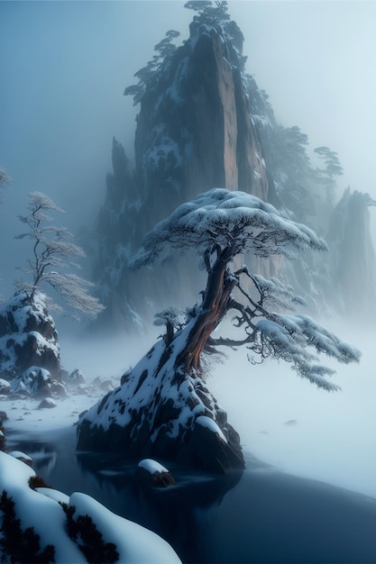 Pequeño árbol que se sienta encima de una roca cubierta de nieve generativa ai