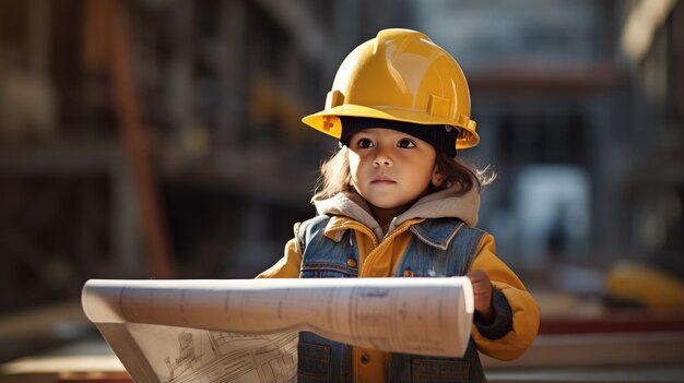 Un pequeño arquitecto con planos en el fondo de la construcción soñando con el futuro.