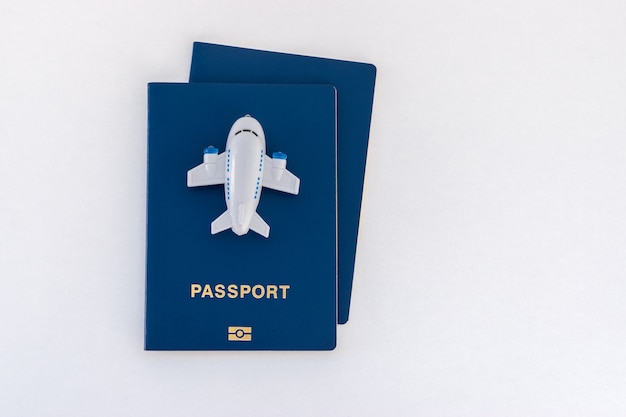 Pequeno avião de brinquedo em cima de passaportes azuis em um fundo branco