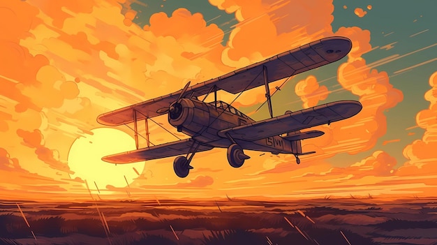 Pequeno avião voando na frente de uma ilustração de arte digital por do sol