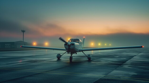 un pequeño avión está en la pista de aterrizaje al atardecer