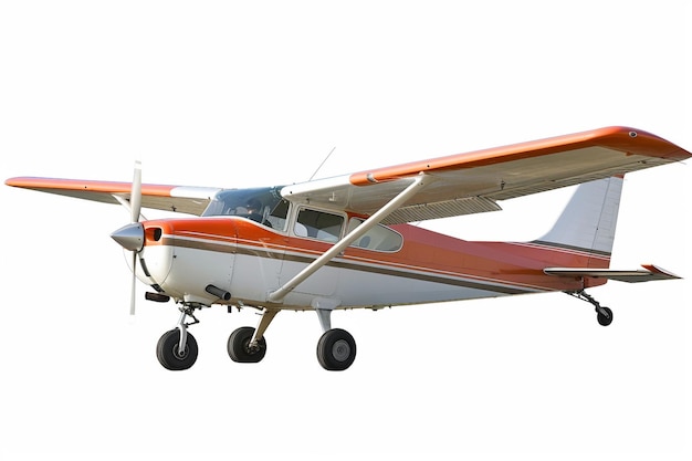 Pequeño avión de pasajeros volando aislado sobre un fondo blanco