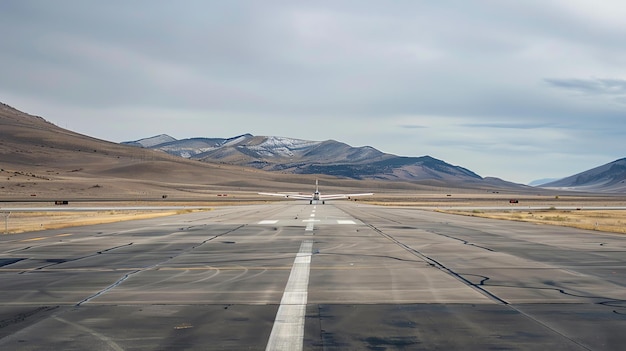 Pequeño avión privado aterrizando en una pista en el medio de un vasto paisaje desértico con montañas en la distancia