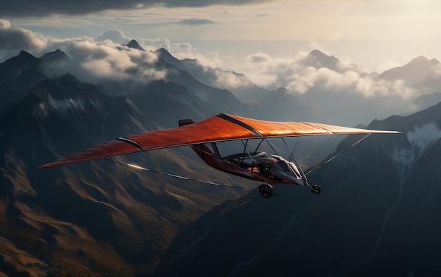 un pequeño avión rojo volando sobre una cordillera