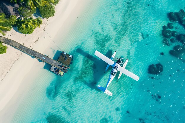 Foto un pequeño avión está sentado en el agua cerca de un muelle