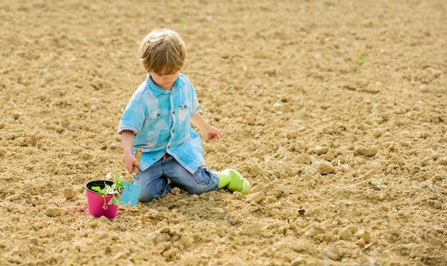 Pequeño ayudante en el jardín. Niño divirtiéndose con pala pequeña y planta en maceta. Plantación en campo. Plantar plántulas. Niño plantar flores en el campo. Tiempo de diversión en la granja. Concepto de infancia feliz.