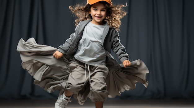 pequeño bailarín de break mostrando sus habilidades en un fondo gris bailarín de hip hop niño actuando aislado sobre un fondo oscuro