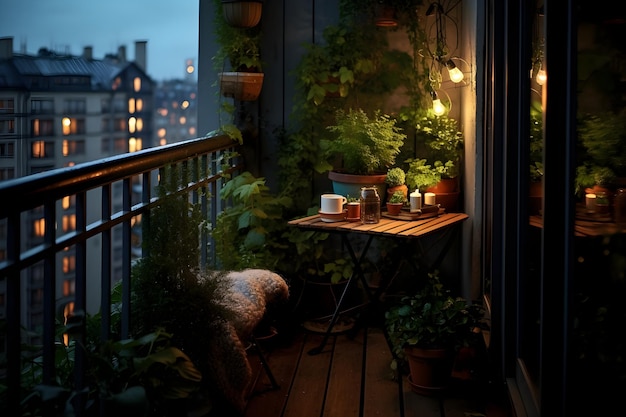 un pequeño balcón muy lindo con algunas plantas verdes increíbles. La lluvia llega lentamente por la noche.