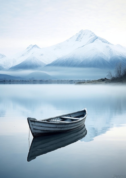 Pequeno barco de madeira deslizando pacificamente em um lago calmo com montanhas cobertas de neve subindo majestosamente