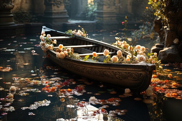 Un pequeño barco con flores flota en el agua cerca de la orilla