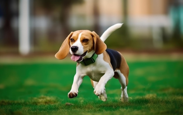 Pequeño beagle en collar corriendo en verde sobre fondo borroso IA generativa