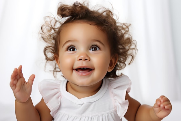Un pequeño bebé afroamericano sonriendo con un fondo blanco