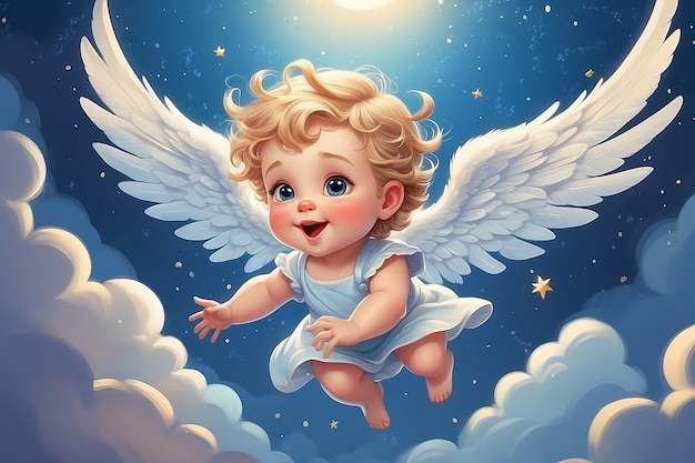 Foto pequeño bebé ángel de navidad volando en el cielo personaje de un libro de cuentos de hadas