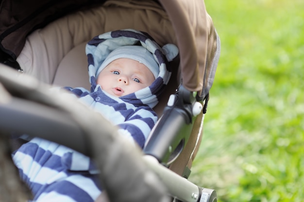 Pequeño bebé en cochecito al aire libre