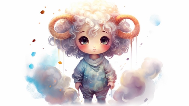 un pequeño bebé de dibujos animados aries con ojos grises y blancos en IA generativa