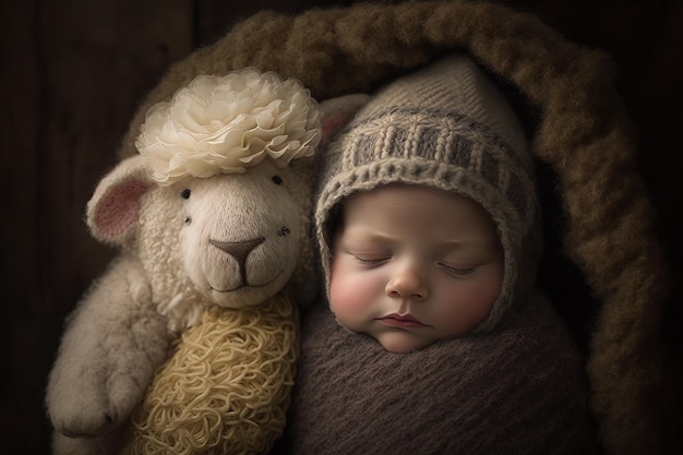 Pequeño bebé lindo que duerme con el estilo del vintage del juguete del cordero de peluche IA generativa