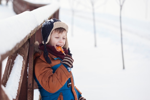 Pequeño bebé que juega y que come el gallo dulce en día de invierno. Los niños juegan en el bosque nevado.