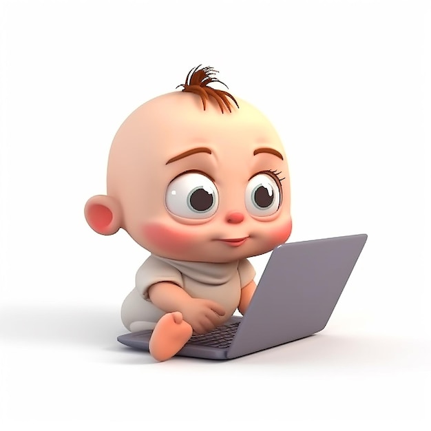 Pequeno bebê recém-nascido na frente do laptop e olhando para a tela engraçado desenho animado bonito ilustração 3d