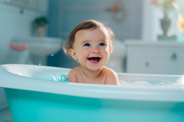 Un pequeño bebé sonriente se baña en una bañera Cuidado del bebé Niño feliz AI generado