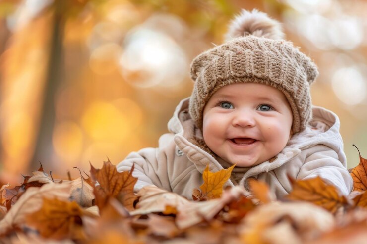 Pequeño bebé tendido en el suelo rodeado de hojas de otoño