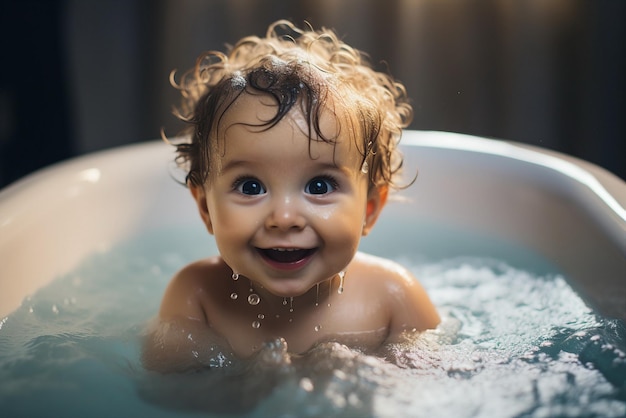 Foto pequeno bebê tomando banho em uma banheira no banheiro