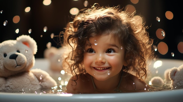 Pequeño bebé tomando un baño