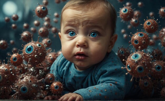 Pequeño bebé entre los virus Concepto de inmunización infantil Un bebé está mirando a una medusa