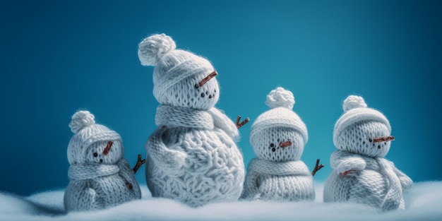 pequeno boneco de neve de malha na neve macia em fundo azul Criado com tecnologia generativa de IA