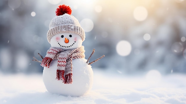 pequeno boneco de neve em um boné e um cachecol na neve no inverno