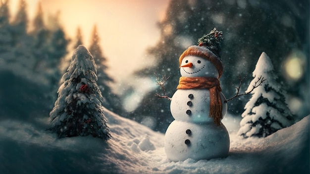 Pequeno boneco de neve no dia de inverno em frente ao close da floresta de abetos com foco seletivo e arte gerada pela rede neural bokeh