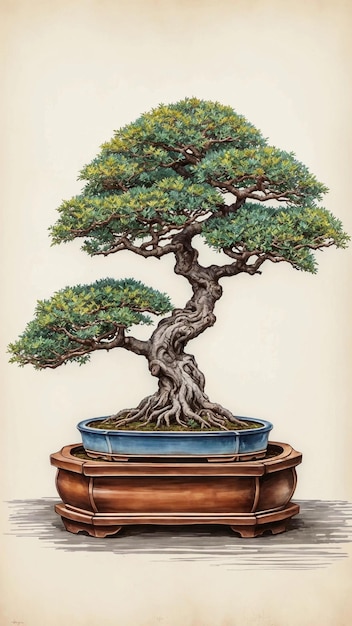 Foto pequeño bonsai de árbol de coníferas pintura japonesa cultura oriental