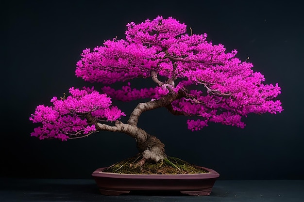 Foto pequeno bonsai de árvores bakul rosa fundo escuro