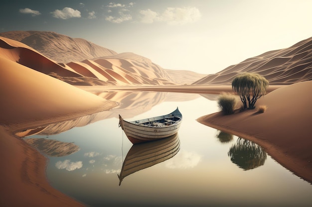 Pequeño bote navegando en aguas tranquilas del lago en el desierto