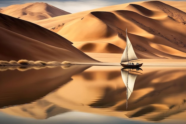 Pequeño bote navegando en aguas tranquilas del lago en el desierto