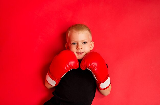 Un pequeño boxeador se encuentra en guantes de boxeo en rojo