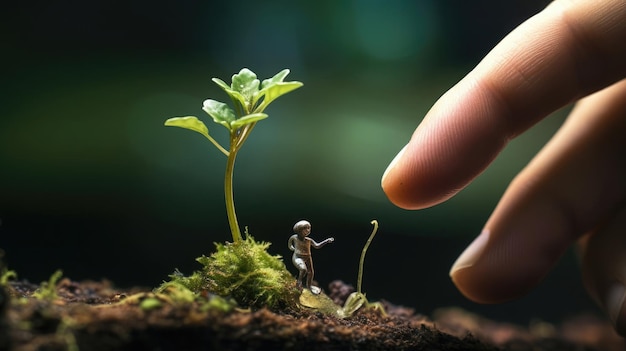 Un pequeño brote sentado en la punta del dedo macro disparó fenómenos naturales miniaturizados