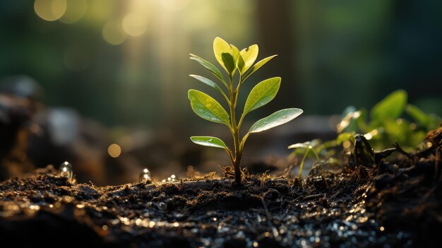 Un pequeño brote verde emerge de la tierra húmeda y suelta contra un fondo de bosque verde Tema de ecología y protección del medio ambiente