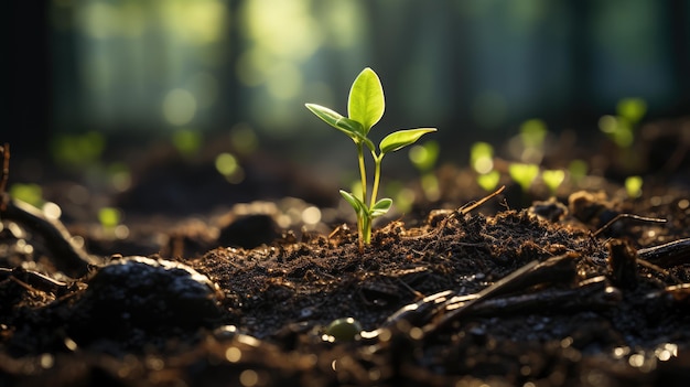 Un pequeño brote verde emerge de la tierra húmeda y suelta contra un fondo de bosque verde Tema de ecología y protección del medio ambiente