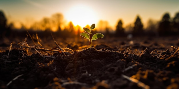 Pequeño brote verde que aparece del suelo Despertar de la naturaleza en primavera Atardecer en el telón de fondo Primer plano IA generativa