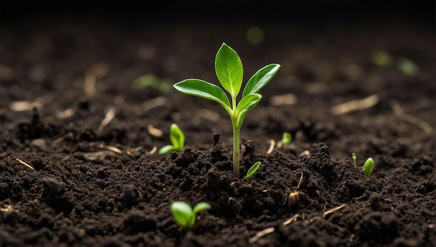 Pequeño brote verde que crece en el suelo rodeado de hojas que simbolizan la nueva vida y el crecimiento en la naturaleza