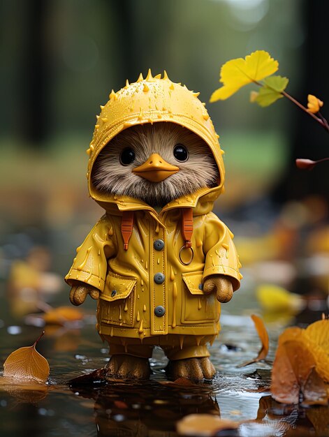 un pequeño búho de bosque con un impermeable amarillo.